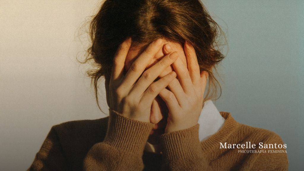 Mulher com as mãos sobre o rosto, ansiosa e preocupada.