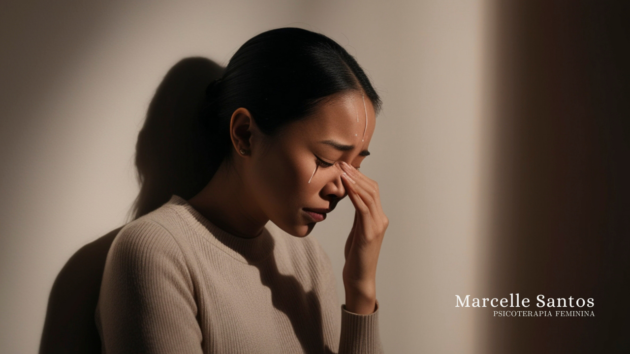mulher chorando com a mão no rosto